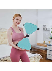 Woman holding a 360 degree waist twister with resistance bands in a home workout setting