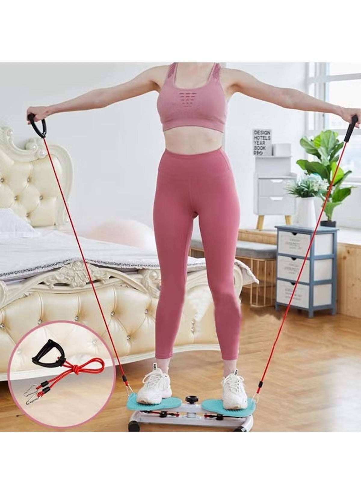 Woman using a 360 degree waist twister with resistance bands for full body workout at home