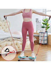 Woman using a 360 degree waist twister with resistance bands for full body workout at home