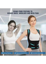 Back posture corrector worn by model, black brace with turquoise support details