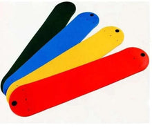 Flexible swing seat, blue and yellow and red boards stacked, dark endcaps