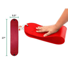 Red flexible swing seat with mounting post and hand support