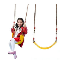 Flexible swing seat with yellow board and red ropes, child seated