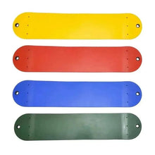 Flexible swing seat boards in yellow, red, blue, and green with bolt holes