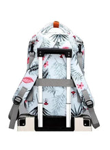 Light gray floral print baby travel backpack with adjustable shoulder straps and webbing base