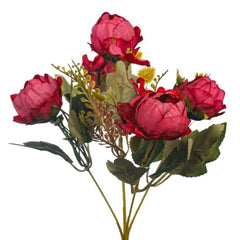 Huitich artificial mini peony bouquet with vibrant pink flowers and green leaves for home decor