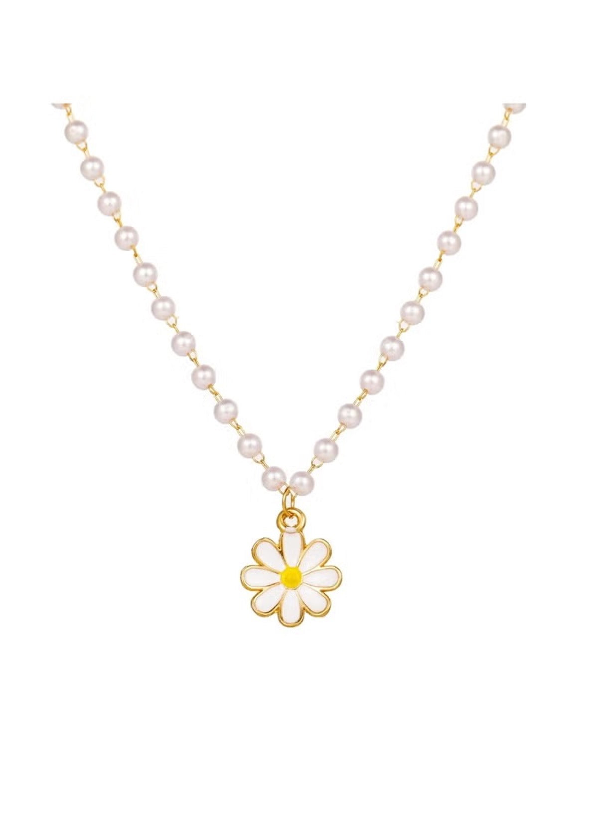 Huitich flower pearl beaded necklace with gold flower pendant and round white pearls