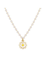 Pearl beaded necklace with daisy pendant, gold-tone chain and white pearl beads