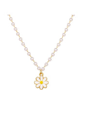 Huitich flower pearl beaded necklace with gold flower pendant and round white pearls