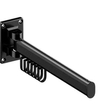 Wall-mounted foldable clothes rack with hanging hooks, dark metal bar