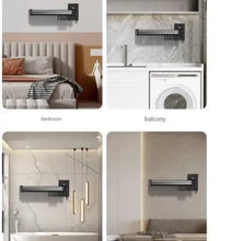 Wall-mounted foldable clothes hanger rack mounted on wall with short bar and hook row