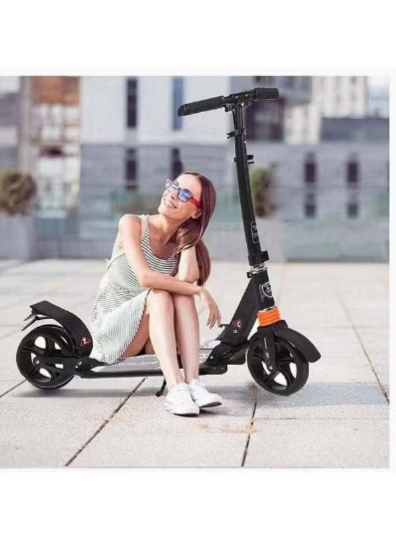 Winner sky foldable commuter scooter with shock absorption black electric scooter with woman sitting next to it outdoors