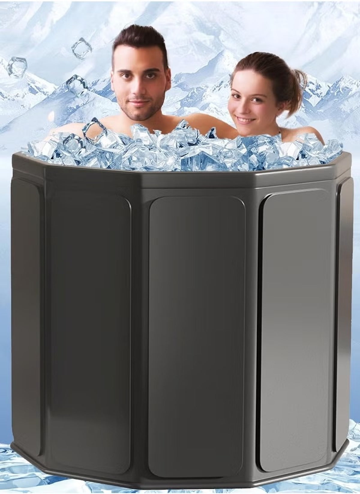 Huitich foldable ice bath tub in black with two people enjoying an ice-filled cold therapy soak