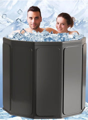 Huitich foldable ice bath tub in black with two people enjoying an ice-filled cold therapy soak