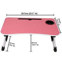 Pink foldable laptop desk with circular cable/port opening and adjustable legs