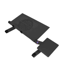Black laptop desk stand with perforated surface, side mouse platform and fold-out legs