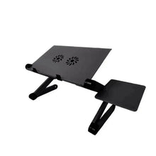 Black laptop desk with fan/air vents on tabletop, side mouse platform and support legs