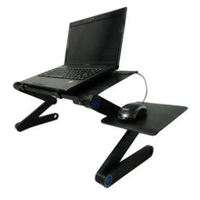 Foldable black laptop desk stand with perforated top, side mouse platform and support legs
