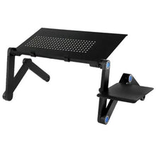 Black foldable laptop desk with vent holes and adjustable legs plus detachable mouse tray