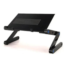 Black foldable laptop desk with vent holes, adjustable legs and built-in mouse stand