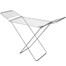 Foldable metal laundry drying rack with wire shelf and X-frame legs