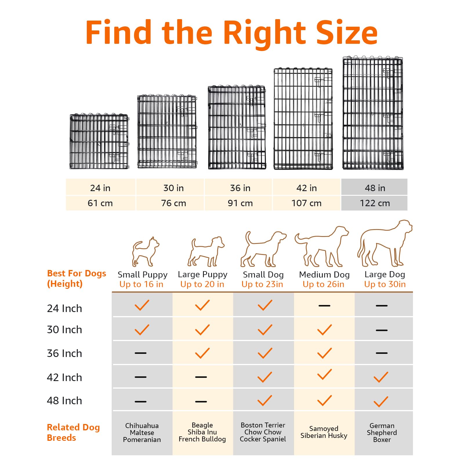 Huitich foldable metal dog playpen size guide for various dog breeds and heights