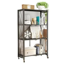 Foldable black metal garage shelving unit with three open shelves and caster wheels