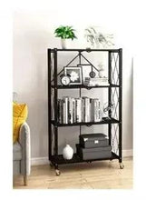 Black metal shelving unit on wheels with multiple open shelves for garage storage