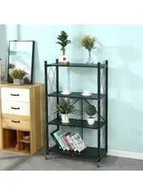 Black metal shelving unit on wheels with three open shelves for home storage