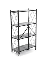 Tall black folding metal shelving unit with wire shelves and caster wheels