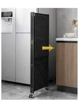 Black metal vertical shelving unit with perforated panel and caster wheels