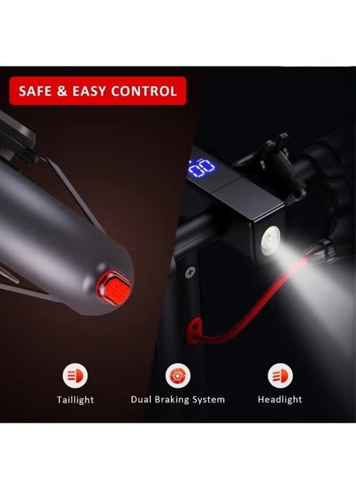 Huitich foldable scooter 30km range with taillight dual braking system and bright headlight for safe control