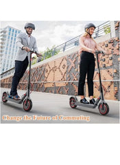 Huitich foldable scooter 30km range ridden by man and woman commuting outdoors with helmets