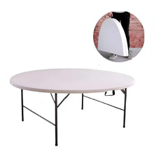 Foldable study table with round white tabletop and black steel legs