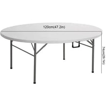 Foldable study table with round white top and black legs, side view