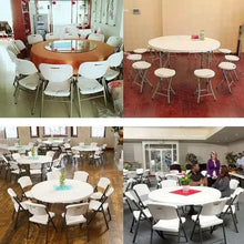 Round white folding table with black frame and legs in indoor setting