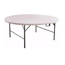 Foldable study table with round white tabletop and black cross-brace supports