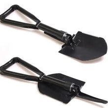 Foldable survival shovel with black spade head and serrated blade, two-piece views