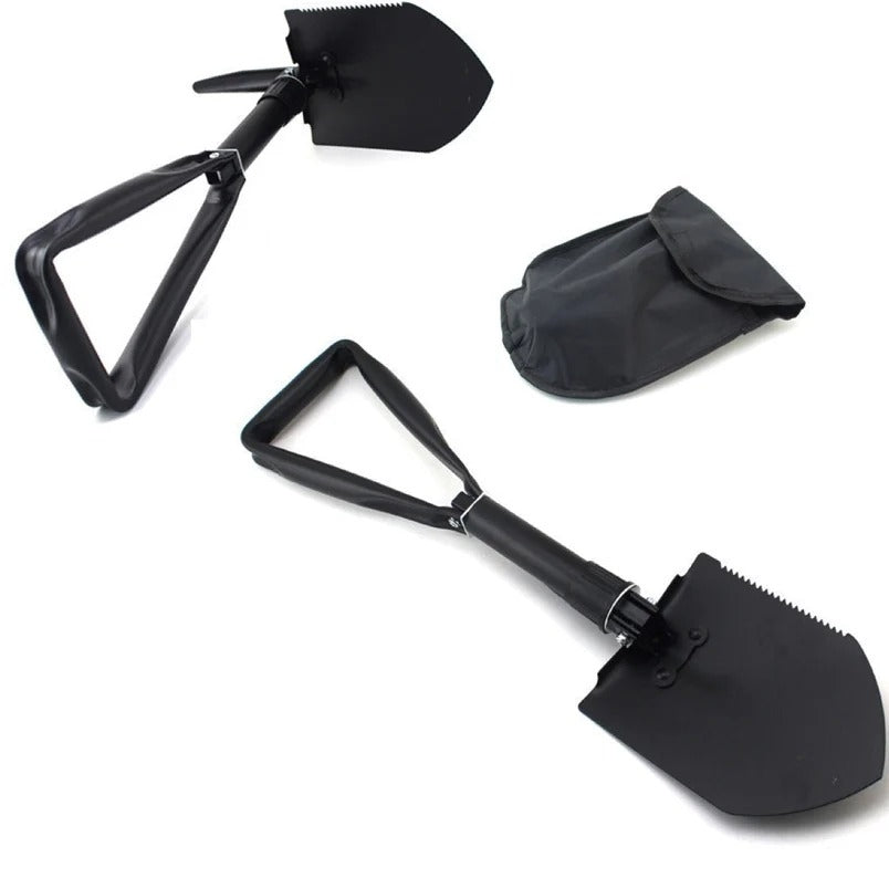Huitich foldable survival shovel with serrated edge and black carrying pouch for outdoor use