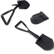 Folding survival shovel with spade head, triangular pick blade, and black carry pouch