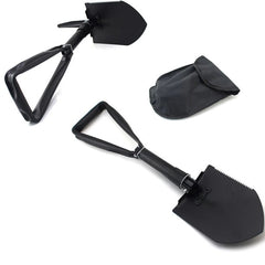Huitich foldable survival shovel with serrated edge and black carrying pouch for outdoor use