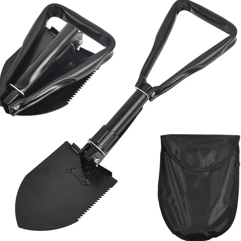 Huitich foldable survival shovel in black with serrated edge and carrying pouch for outdoor use