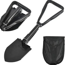 Foldable survival shovel with spade head and black carry pouch, compact and foldable