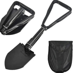 Huitich foldable survival shovel in black with serrated edge and carrying pouch for outdoor use