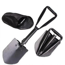 Foldable survival shovel with serrated blade and black carrying case, fully assembled