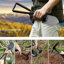 Foldable survival shovel with serrated spade head and black handle, ready to dig