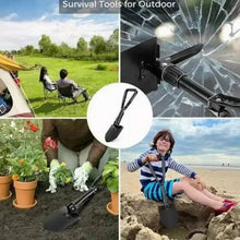Foldable survival shovel with black blade and handle, shown in outdoor use