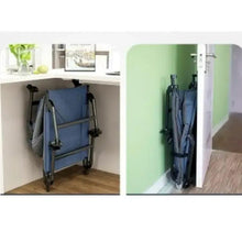 Dark blue folding lounge chair tucked under a table, with side panels and legs
