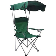 Green folding beach chair with canopy and padded seat, steel X-frame.