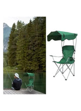 Green folding beach chair with canopy, mesh back, padded seat on steel frame.